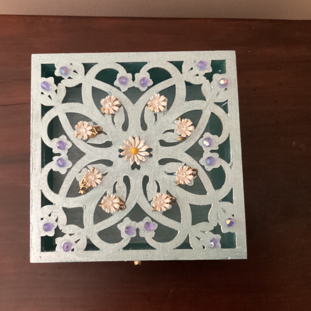 Upcycled teal blue wooden hinged box decorative lid white flowers purple beads